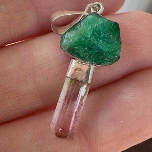 Rare genuine raw emerald/ bi tourmaline stick pendant custom made